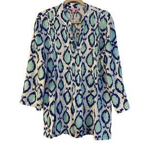 Lilly Pulitzer Tunic Top Large Blue White Green 3/4 Sleeve Cotton Spring Summer